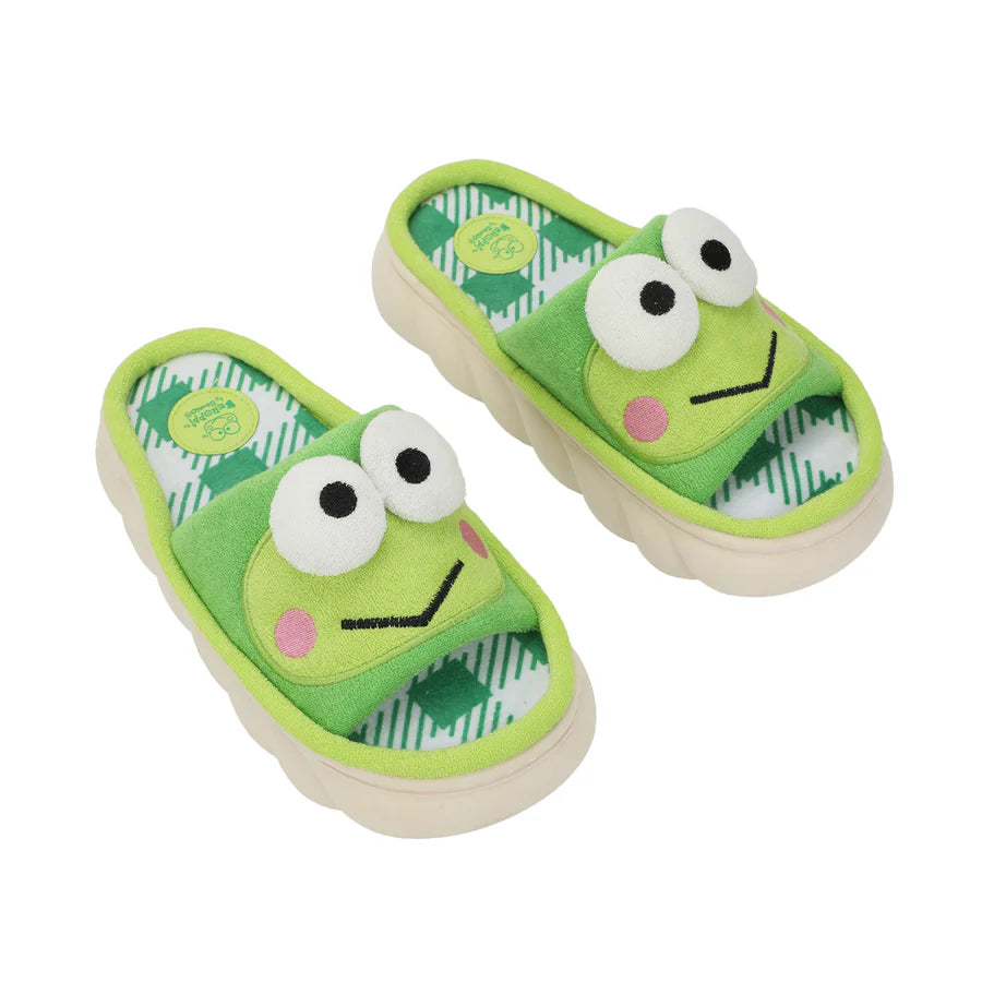 Sanrio Keroppi 3D character face art women's green and white plaid open toed slide slippers-1