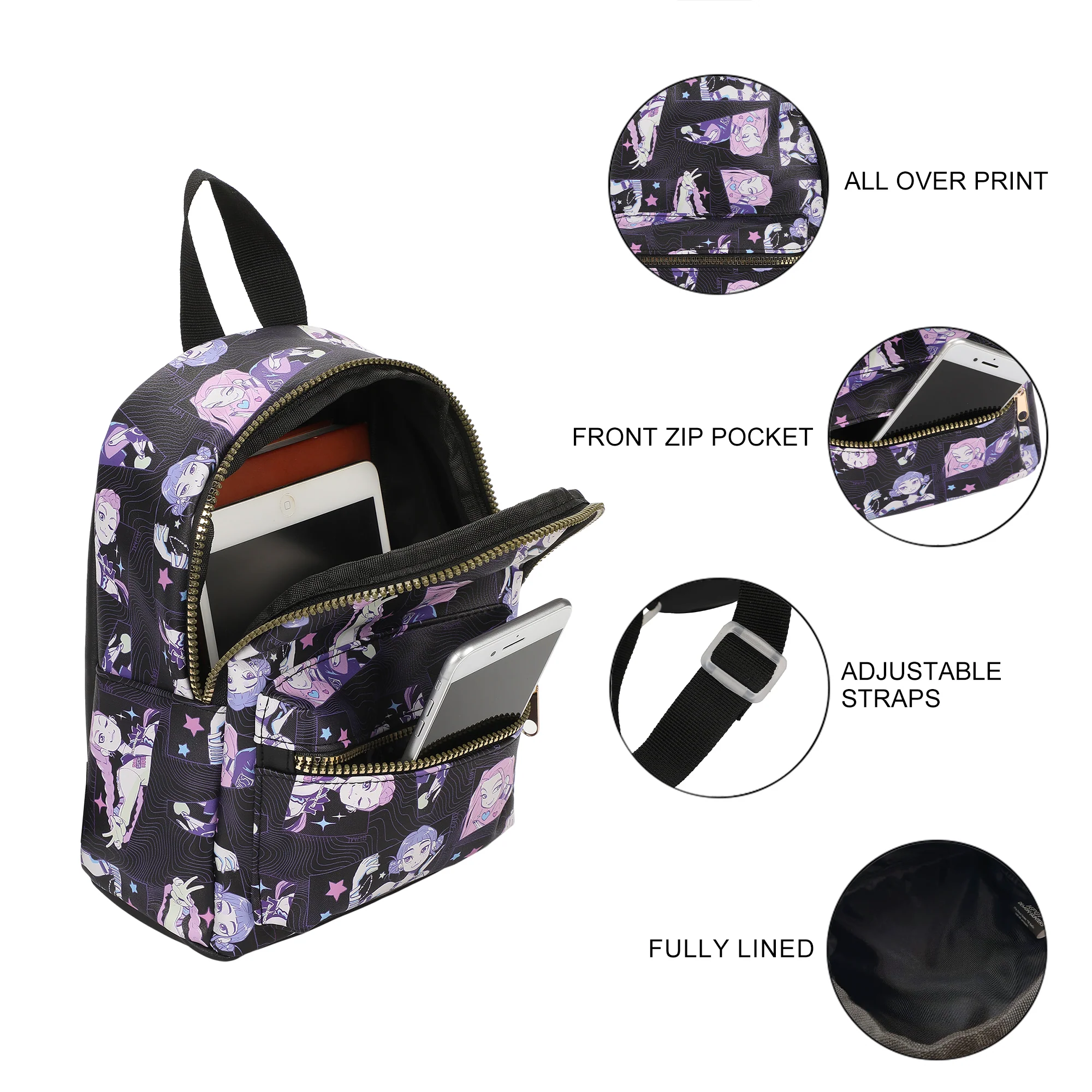 Bio BP Kpop Demon Hunters Huntrix AOP adult black 11.5 mini backpack