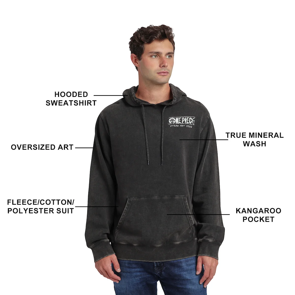 ONE PIECE ANIMATED SERIES OVERSIZED CHARACTER ART MEN'S BLACK MINERAL WASH LONG SLEEVE HOODIE HOODED SWEATSHIRT-5