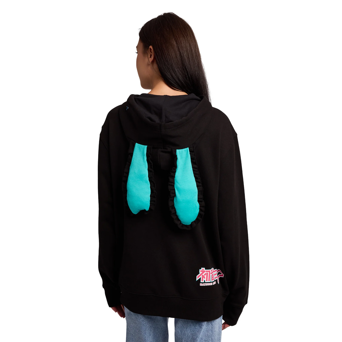 HATSUNE MIKU WOMEN'S BLACK LONG SLEEVE ZIP HOODIE WITH COSPLAY BUNNY EARS-4