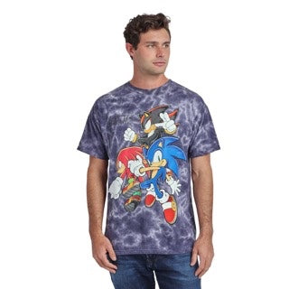 Sonic The Hedgehog Knuckles and Shadow Mens dark blue mineral wash t shirt