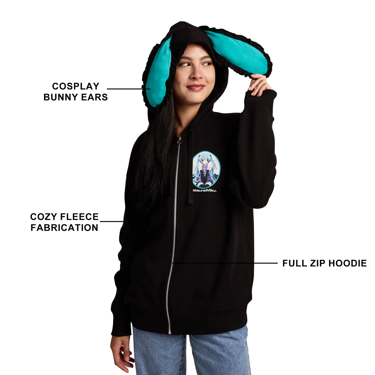 HATSUNE MIKU WOMEN'S BLACK LONG SLEEVE ZIP HOODIE WITH COSPLAY BUNNY EARS-zoom-7
