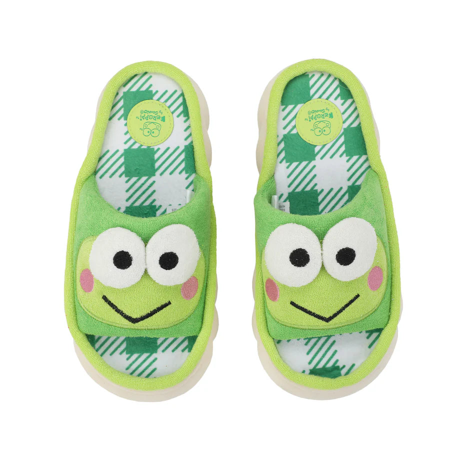 Sanrio Keroppi 3D character face art women's green and white plaid open toed slide slippers-zoom-3
