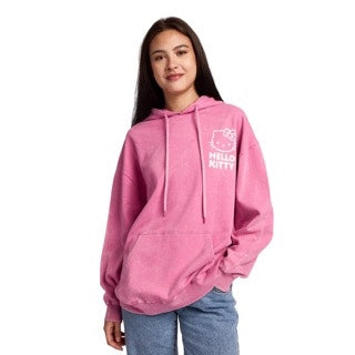 Hoodie Sanrio Hello Kitty and bows line art women's pink mineral wash long sleeve hoodie-zoom-5