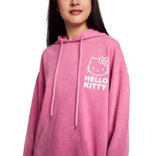 Hoodie Sanrio Hello Kitty and bows line art women's pink mineral wash long sleeve hoodie-1